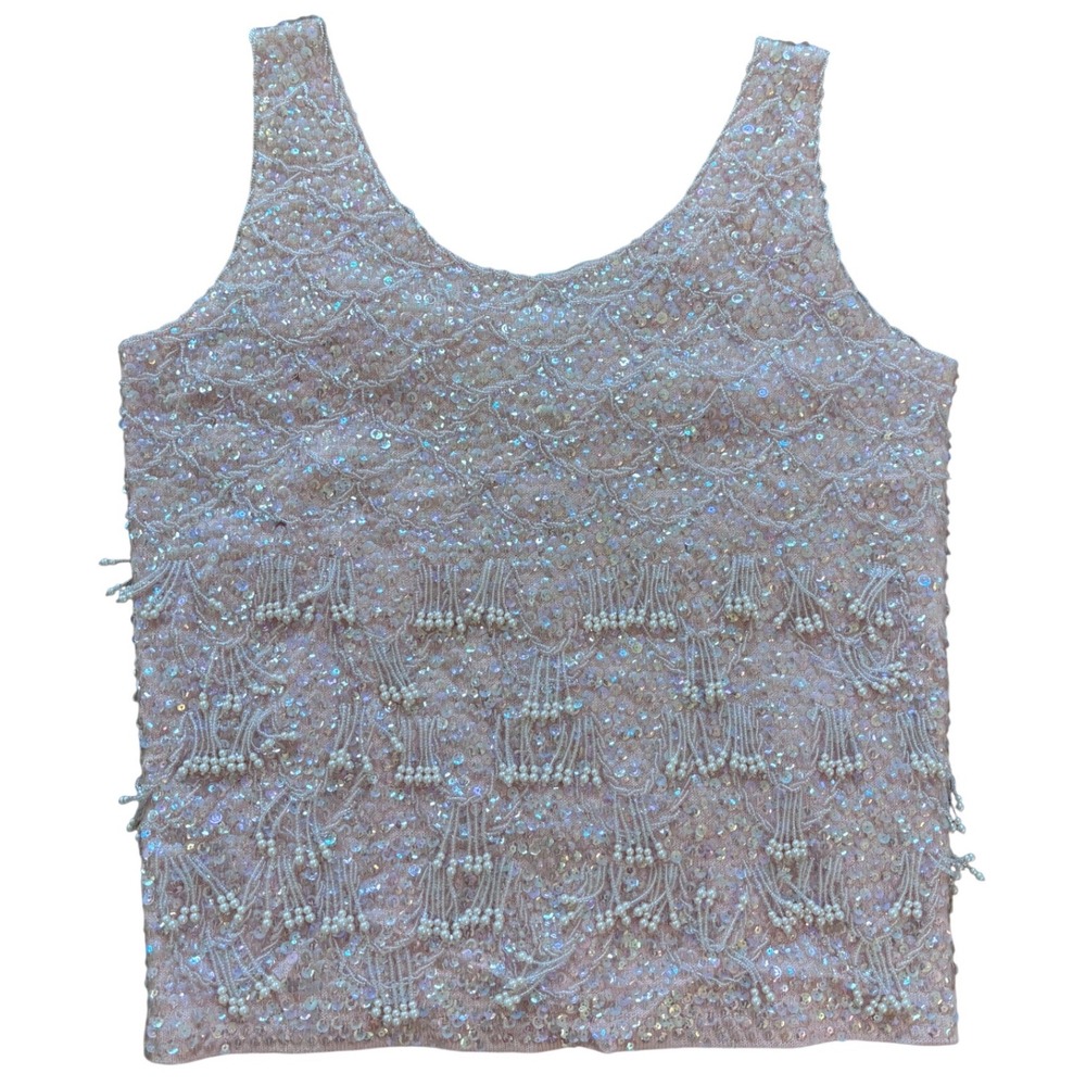 Vintage‎ Pink Sequin Beaded Fringe Tank Top Shell Sleeveless Party Top Small